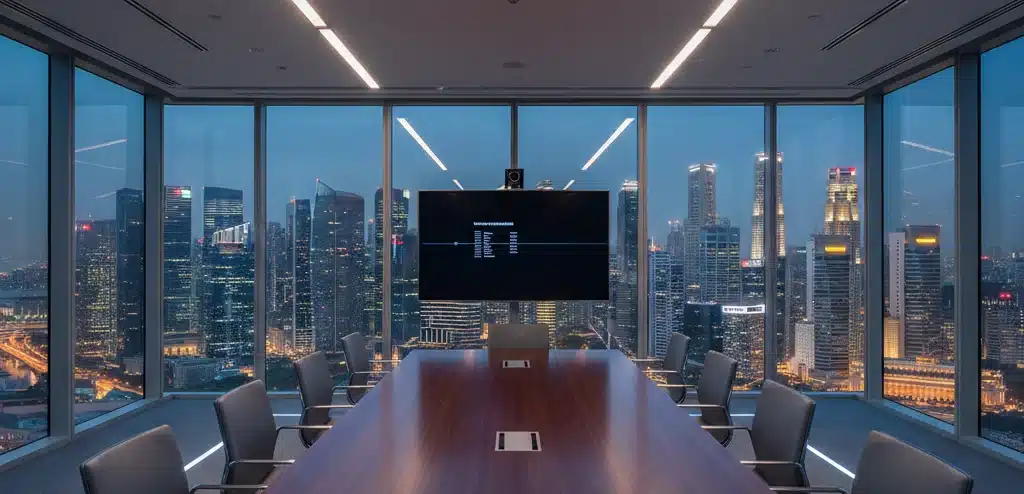 Oficina moderna en el distrito financiero de Singapur, representando la atención profesional para el traslado de residencia fiscal y empresas.