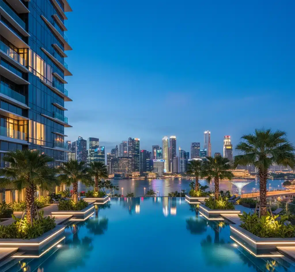 Vista de un condominio de lujo y el distrito financiero de Singapur, representando el coste de vida y la calidad residencial para extranjeros.