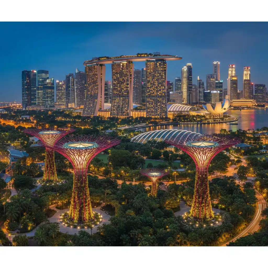 Vista nocturna de Gardens by the Bay y el centro de Singapur, ilustrando el estilo de vida cosmopolita y de lujo para residentes extranjeros.
