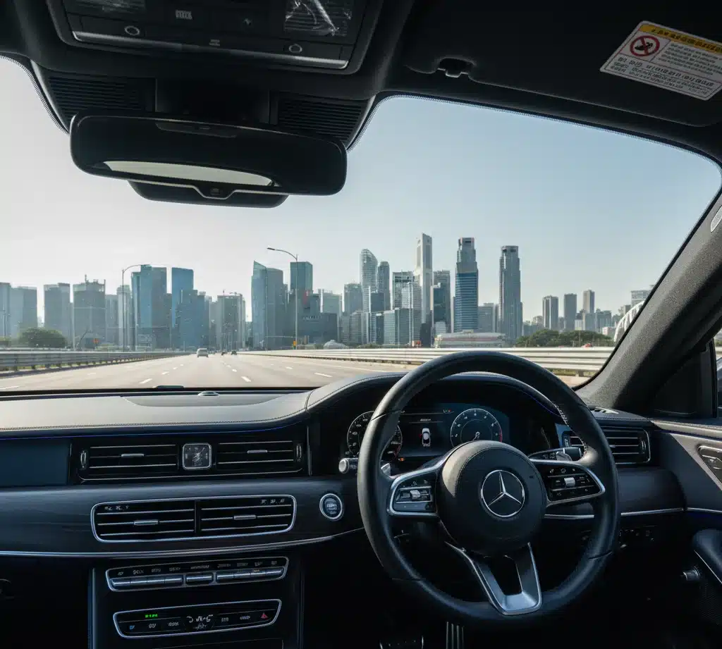 Vista desde el interior de un vehículo conduciendo por Singapur, representando el proceso de conversión de la licencia de conducir extranjera ante la Traffic Police.