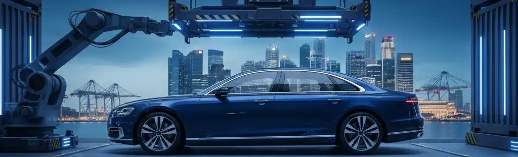 Vehículo de lujo frente al skyline de Singapur, representando el proceso de importación, impuestos ARF y trámites ante la LTA.