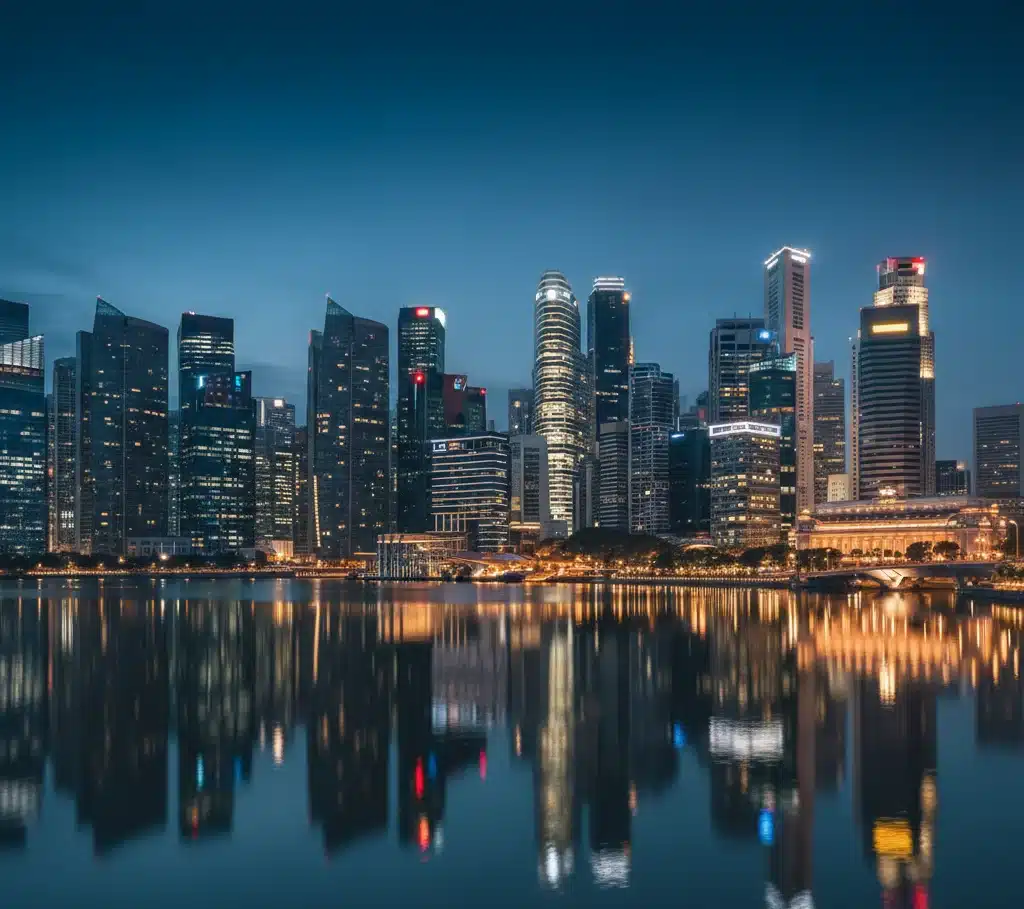 Vista panorámica del distrito financiero de Singapur representando la seguridad jurídica y el sistema de impuestos territorial para residentes extranjeros.
