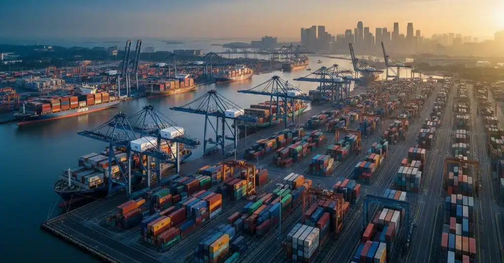 Puerto de Singapur con barcos de carga y grúas, representando la eficiencia logística para mudanzas internacionales y traslado de menaje de hogar.