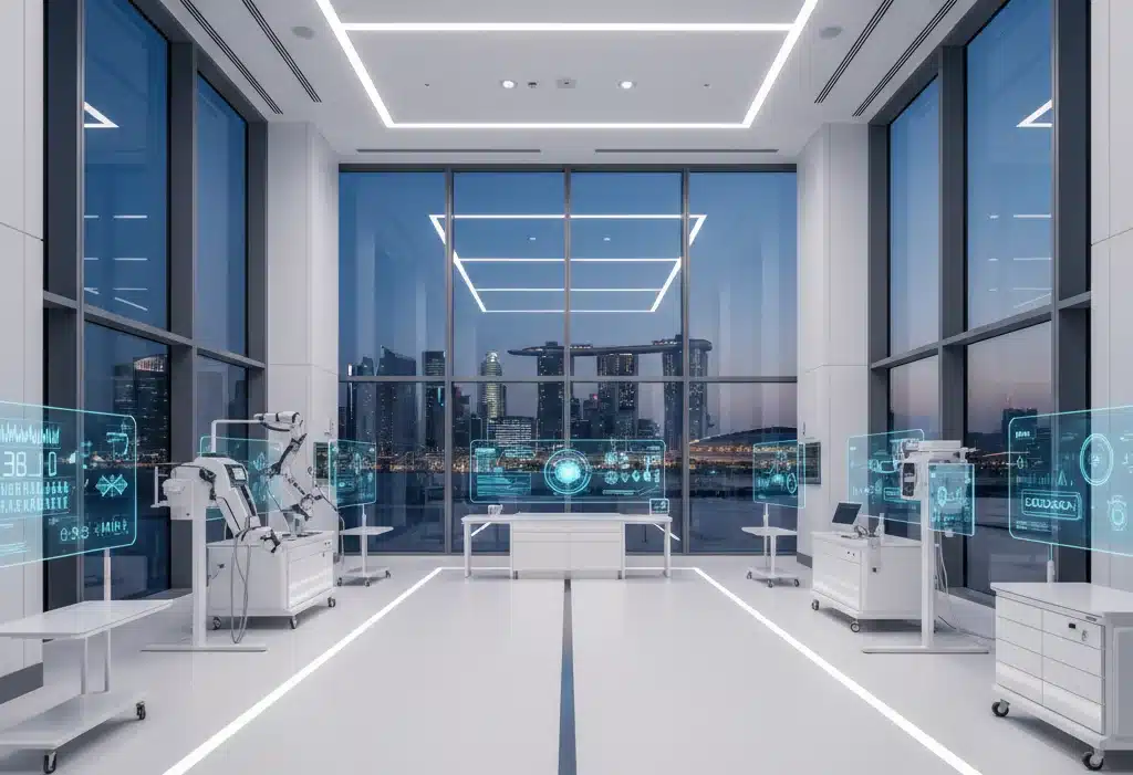 Instalaciones médicas de vanguardia en Singapur, representando la excelencia del sistema sanitario y la tecnología de los hospitales privados.