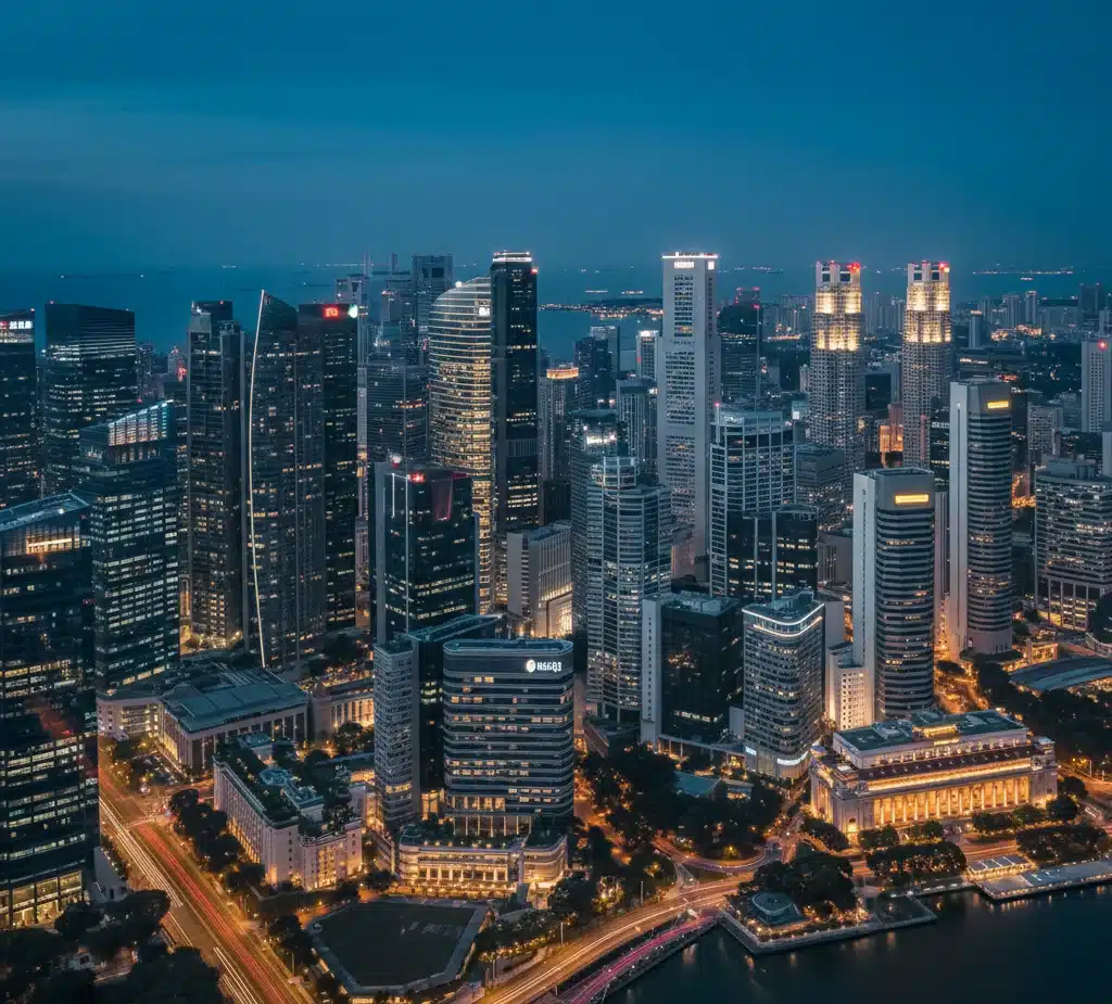 Panorámica del distrito financiero de Singapur representando los servicios integrales de residencia fiscal, constitución de empresas y consultoría legal.