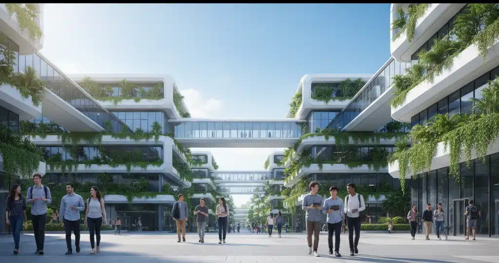 Estudiantes internacionales en un campus universitario moderno en Singapur, representando la excelencia académica y los colegios de élite del país.