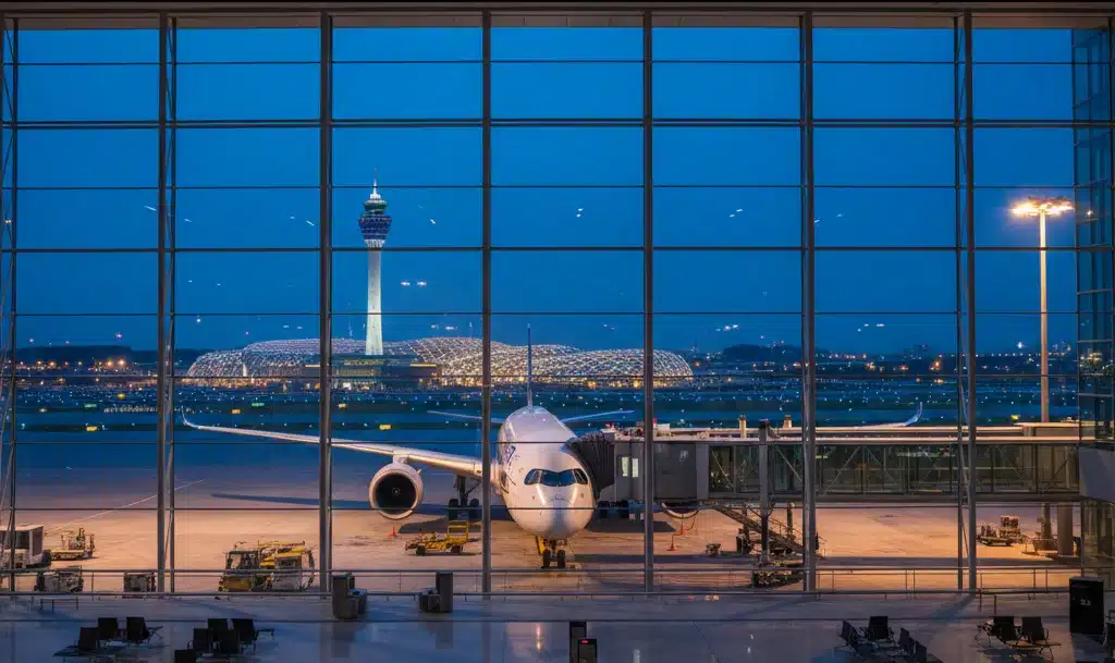 Avión de pasajeros en el Aeropuerto de Changi representando la conectividad aérea global y el hub de transporte internacional de Singapur.
