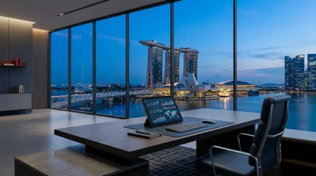 Oficina corporativa minimalista con vista panorámica al atardecer de Marina Bay Sands en Singapur, presentando una mesa de escritorio moderna con gráficos de comercio global en una tablet.