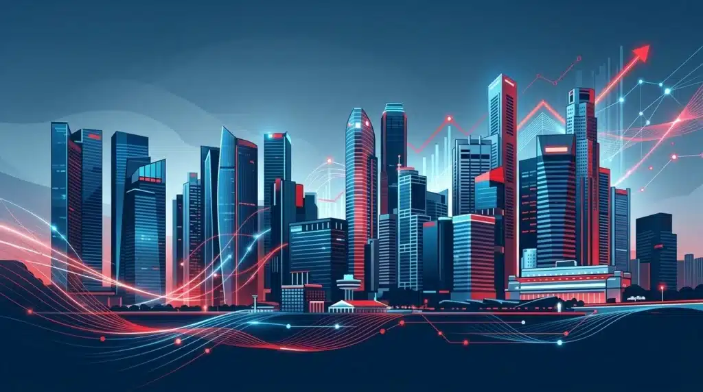 Ilustración panorámica del distrito financiero de Singapur con arquitectura corporativa, acentos en azul Oxford y rojo vibrante, y vectores de crecimiento económico.