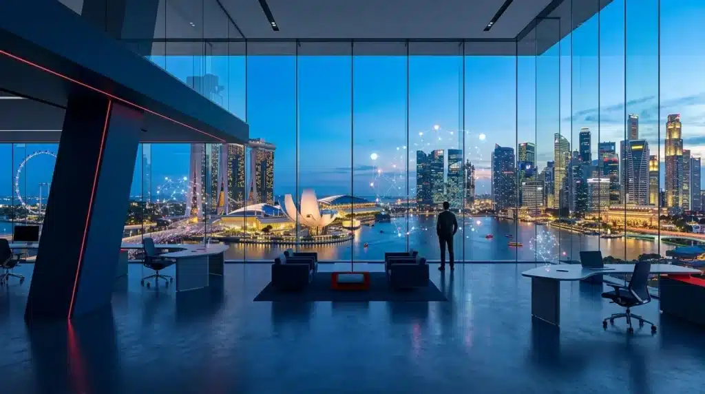 Oficina conceptual de lujo en Singapur al atardecer con nodos holográficos de inteligencia artificial y diseño minimalista en azul oxford y rojo.