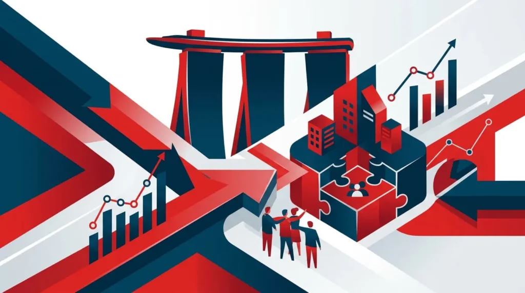 Ilustración conceptual 3D de una fusión corporativa con la silueta de Marina Bay Sands, formas geométricas y gráficos de datos en azul Oxford y rojo Singapur