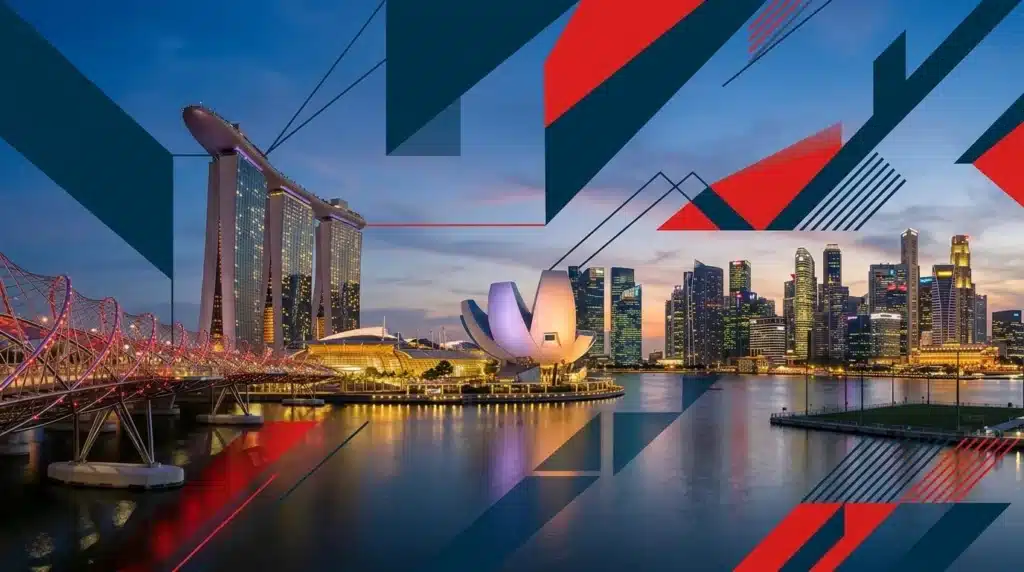 Vista panorámica del horizonte de Marina Bay Sands en Singapur al atardecer con superposiciones geométricas abstractas en azul Oxford y rojo Singapur.