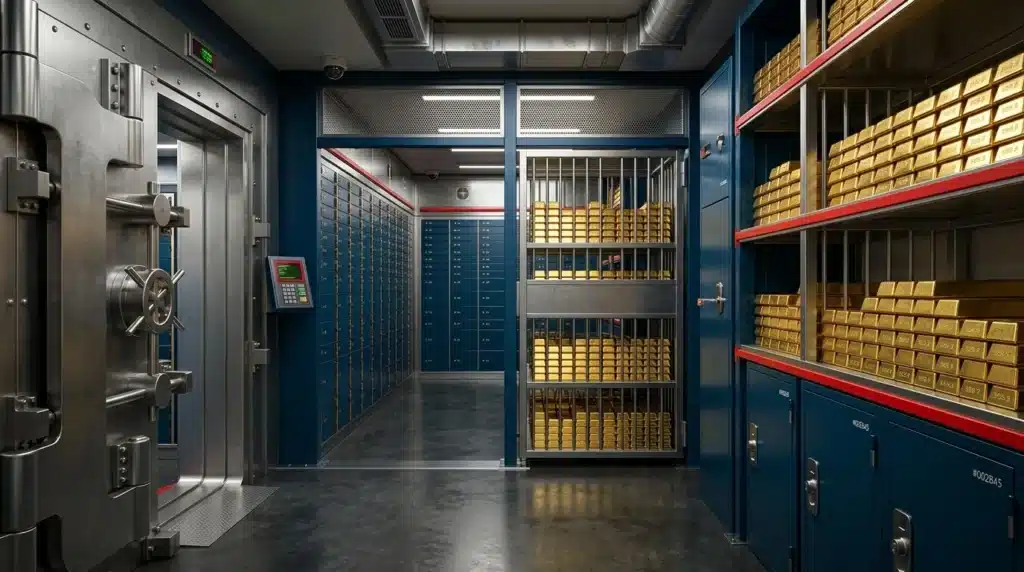 Caja fuerte de lujo con lingotes de oro iluminados en tonos azul oxford y detalles en rojo singapur