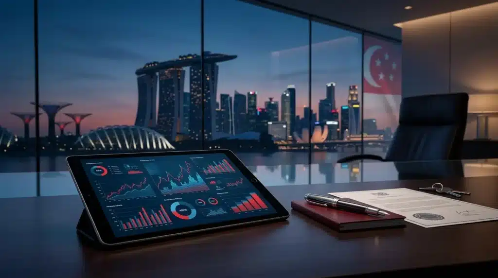 Escritorio ejecutivo moderno con tablet mostrando gráficos financieros y silueta del horizonte de Singapur en colores azul Oxford y rojo Singapur.
