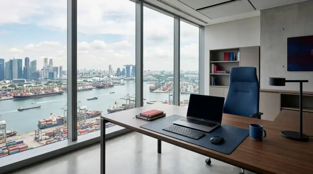 Escritorio ejecutivo moderno con vista panorámica al puerto de Singapur y barcos de carga, con detalles en azul Oxford y rojo Singapur.