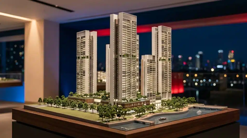 Modelo arquitectónico elegante de modernos rascacielos residenciales de Singapur bajo luz cálida al atardecer, con acentos en azul oxford y rojo Singapur.
