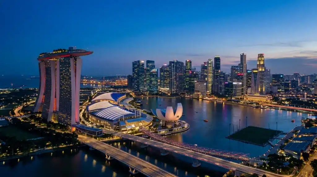 Vista panorámica moderna del skyline de Singapur con Marina Bay en tonos azul Oxford y detalles en rojo al atardecer.
