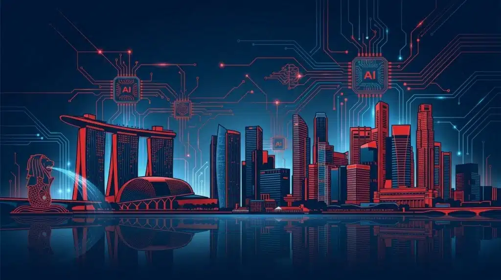 Ilustración panorámica del skyline de Singapur fusionado con circuitos digitales y microchips en tonos azul Oxford y rojo Singapur.