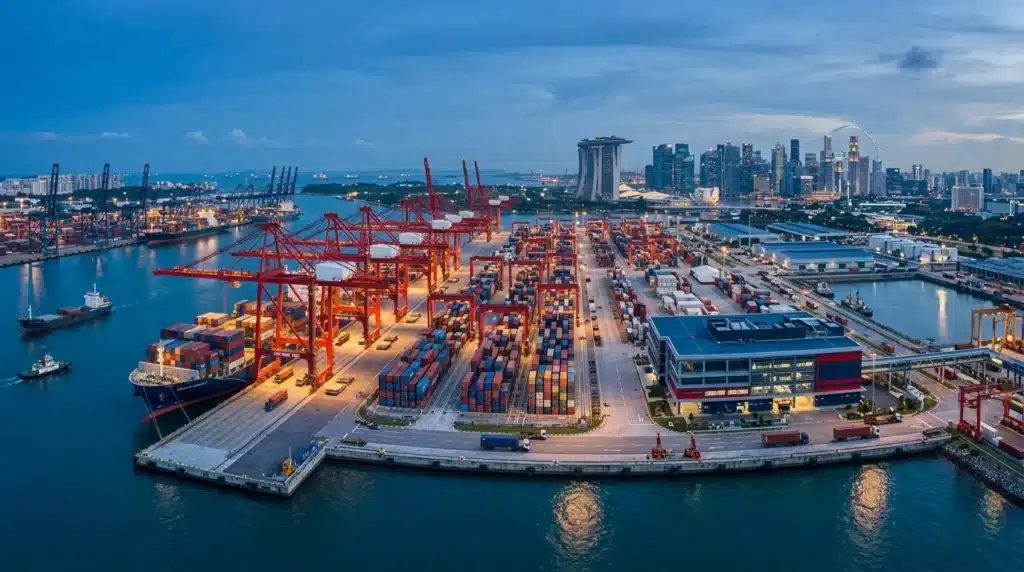 Vista panorámica profesional del Puerto de Singapur con barcos de contenedores en tonos azul Oxford y rojo Singapur.