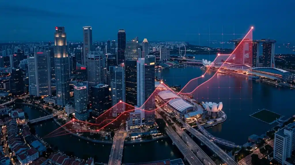Vista panorámica del distrito financiero de Singapur con rascacielos modernos y un gráfico de crecimiento financiero superpuesto en tonos azul Oxford y rojo Singapur.