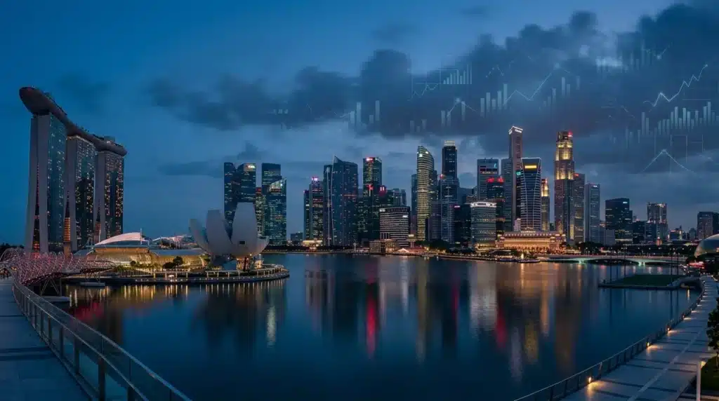 Vista panorámica del distrito financiero de Singapur al atardecer con rascacielos, tonos azules Oxford y luces rojas en las ventanas