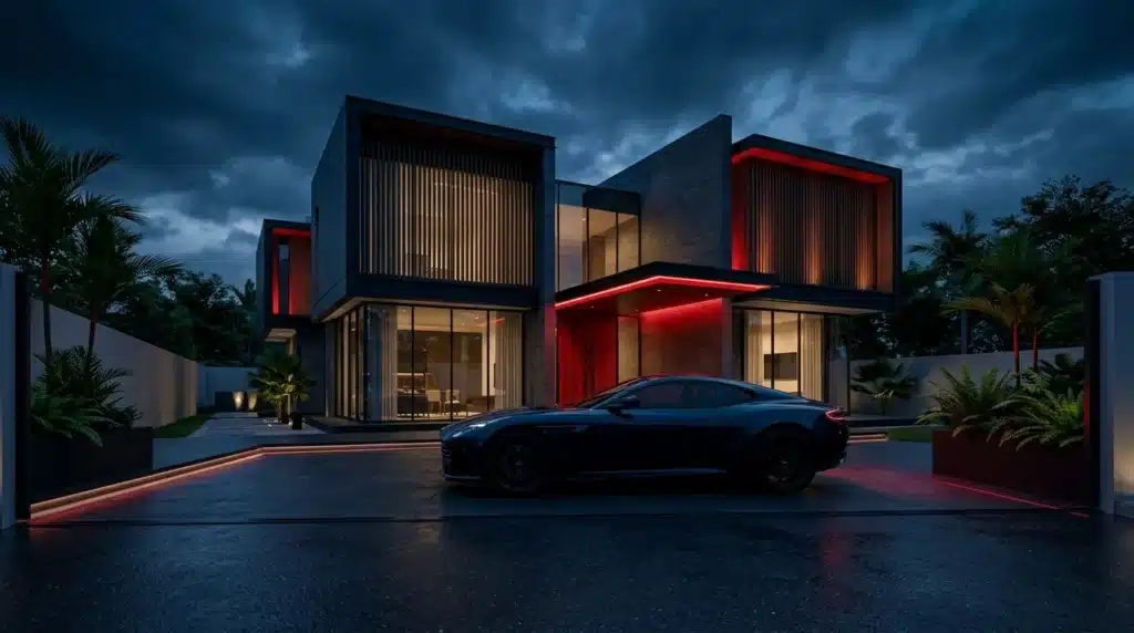 Silueta de un coche deportivo de lujo frente a una casa moderna en Singapur bajo un cielo oscuro con detalles en azul Oxford y rojo Singapur.