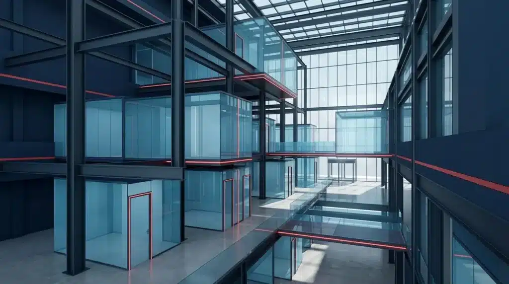 Celdas de vidrio azul semitransparente interconectadas en una estructura sólida con detalles en rojo sobre fondo corporativo minimalista.