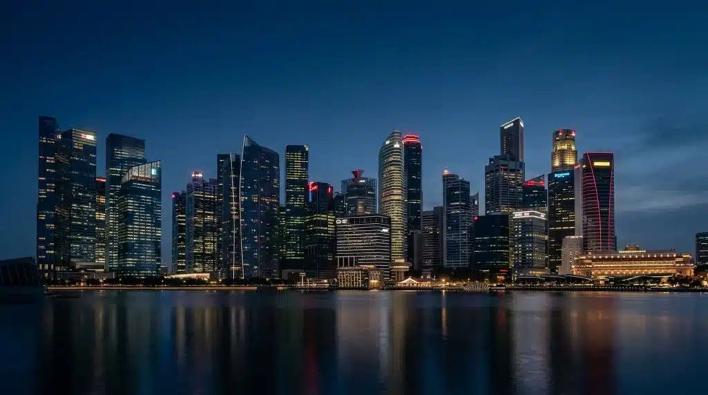 Vista arquitectónica minimalista y elegante del skyline financiero de Singapur al atardecer con iluminación en azul Oxford y rojo Singapur.