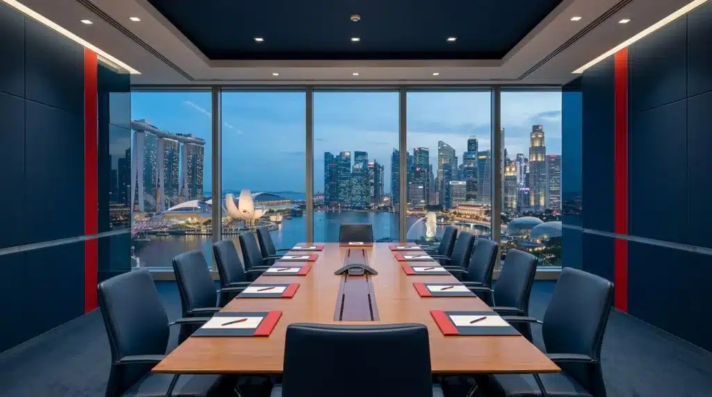 Vista panorámica de una moderna sala de juntas corporativa con vistas a Marina Bay y al skyline de Singapur, con paleta de colores azul Oxford y detalles en rojo.