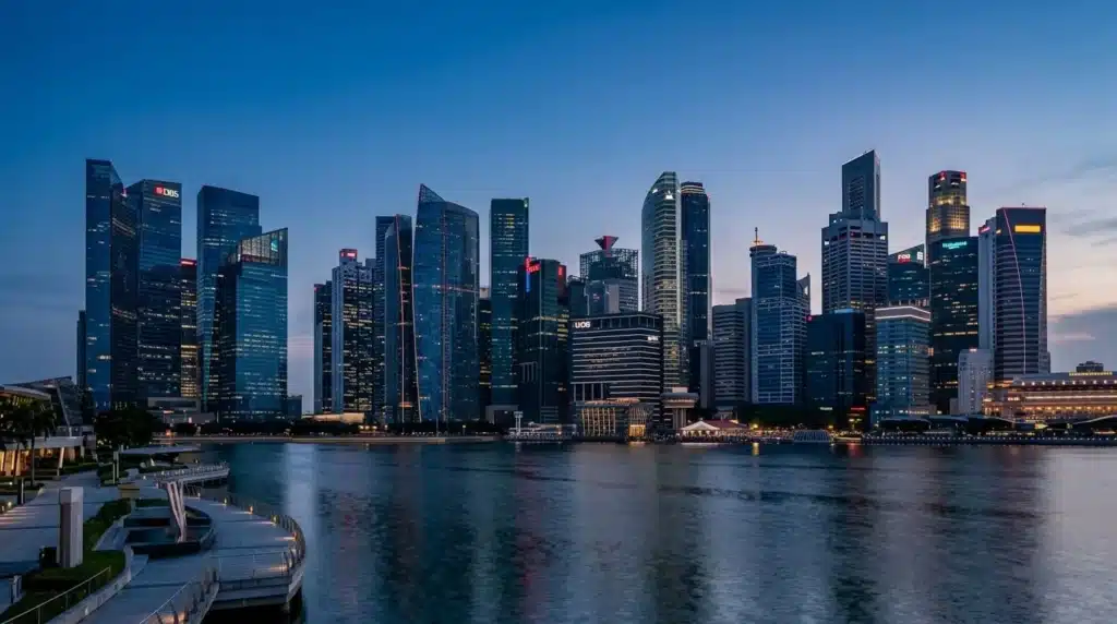 Vista panorámica del distrito financiero de Singapur al atardecer, destacando rascacielos corporativos modernos en tonos azul Oxford y detalles en rojo Singapur.