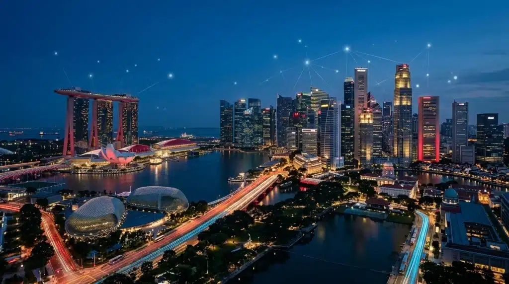 Vista panorámica del distrito financiero de Singapur al atardecer con estelas de luz rojas y nodos digitales de inteligencia artificial superpuestos.