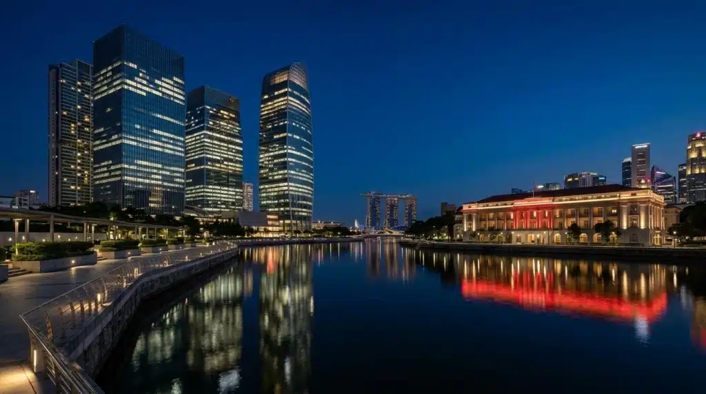 Vista panorámica elegante de los edificios Marina Bay Financial Centre y Maxwell Chambers en Singapur bajo un cielo azul Oxford con iluminación roja.