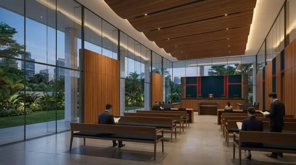 Renderizado arquitectónico moderno de una sala de tribunal internacional con paredes de cristal, madera de teca y detalles en azul Oxford y rojo Singapur.