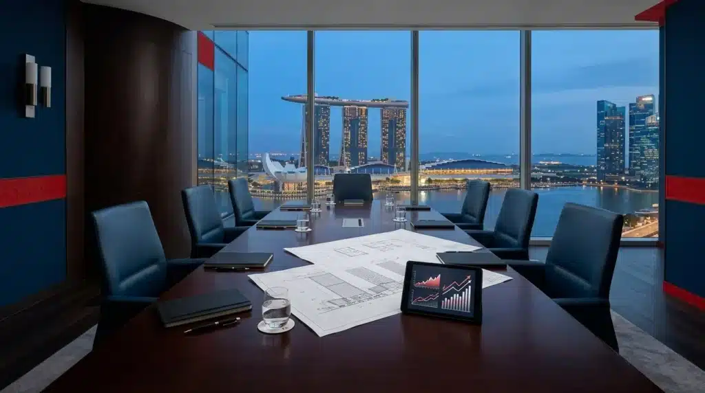 Sala de juntas corporativa de lujo con mesa de caoba, planos arquitectónicos y gráficos financieros frente al skyline de Marina Bay Sands al atardecer.