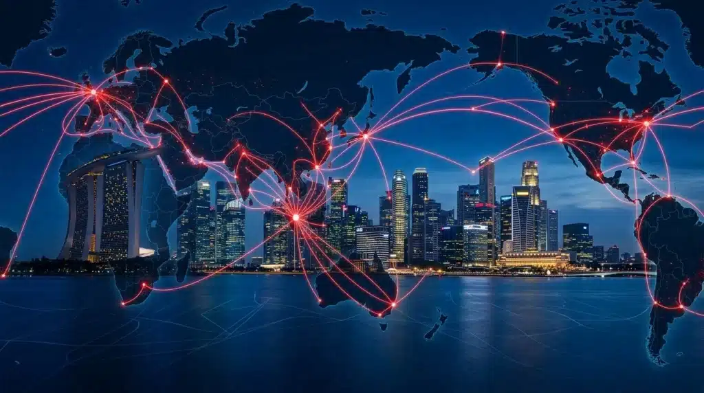 Vista panorámica del distrito financiero de Singapur fusionado con una red global de rutas comerciales iluminada en tonos azul oxford y rojo.
