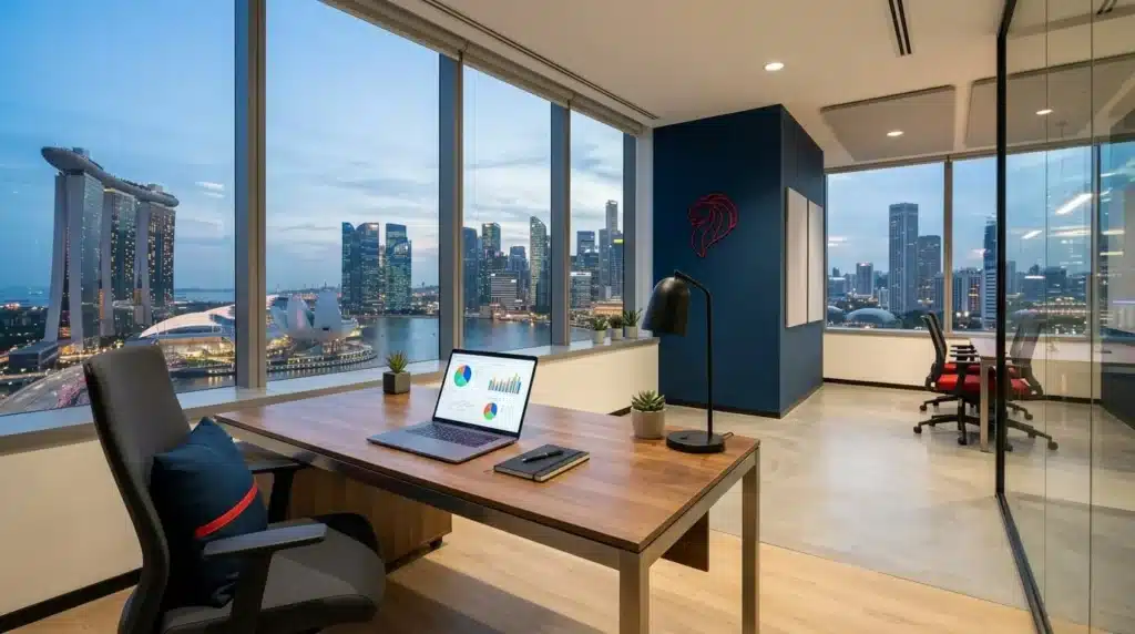 Escritorio moderno con laptop mostrando gráficos de datos en una oficina con vista al horizonte de Singapur