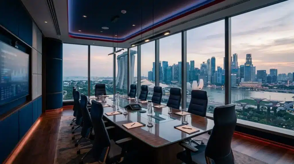 Vista panorámica de una moderna sala de juntas corporativa con el distrito financiero de Marina Bay al fondo