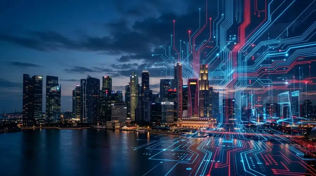 Vista panorámica del distrito financiero de Singapur fusionándose con una red digital futurista y circuitos de semiconductores en tonos azul Oxford y rojo Singapur.