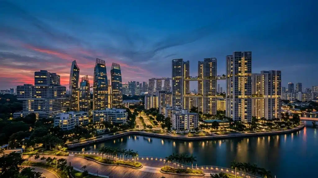 Vista panorámica del skyline de Singapur integrando condominios modernos y viviendas públicas con iluminación en tonos azul oxford y rojo Singapur.