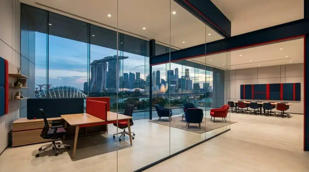 Interior de oficina corporativa minimalista en el centro de Singapur con vistas al horizonte de Marina Bay
