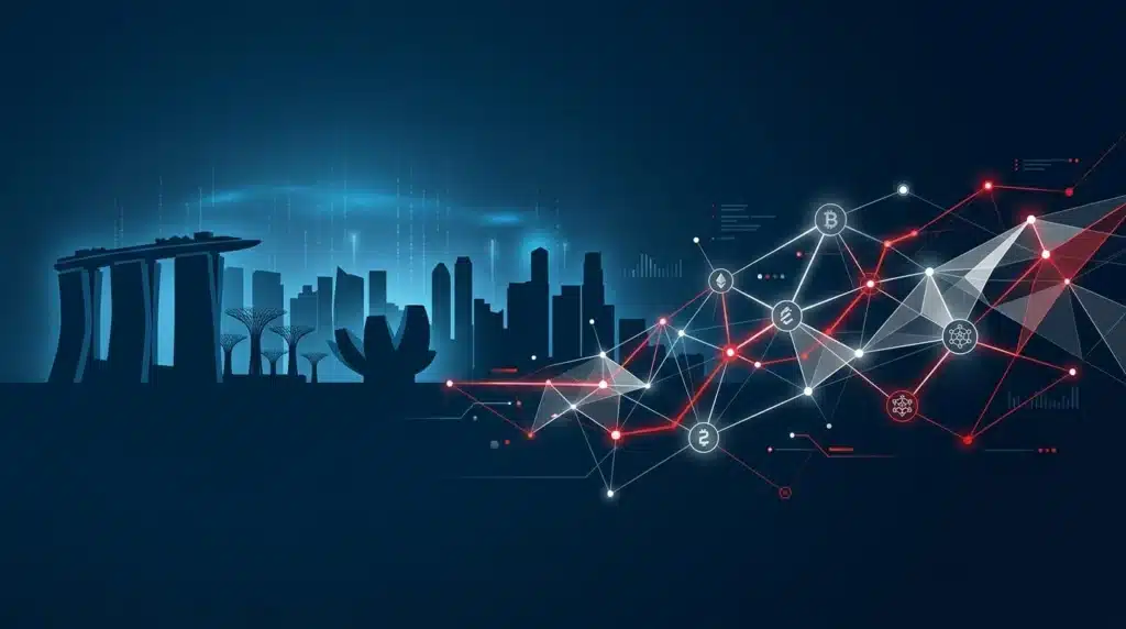 Silueta minimalista del horizonte de Singapur con nodos abstractos de blockchain y criptomonedas sobre un fondo azul oxford y acentos en rojo.