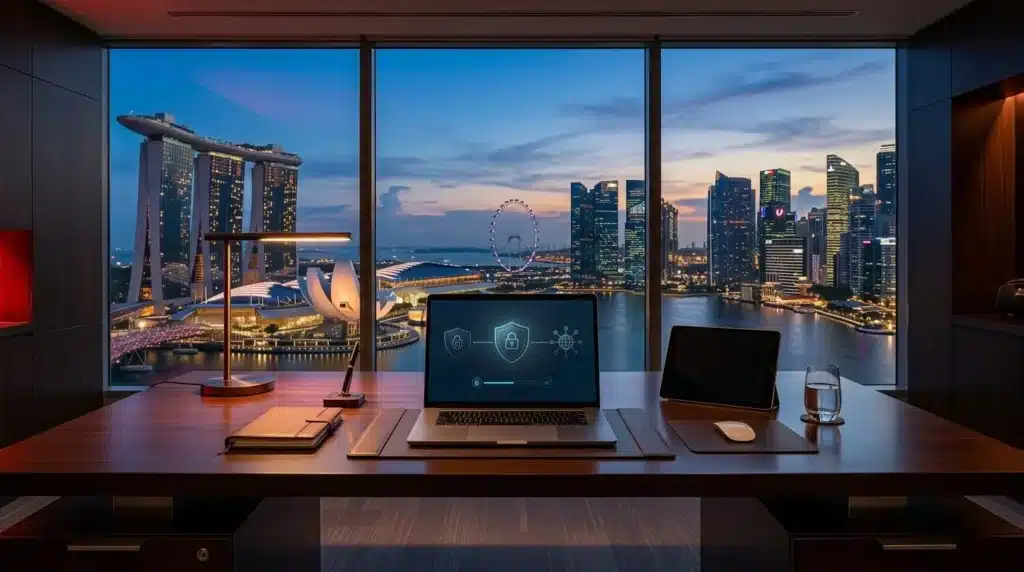 Escritorio ejecutivo moderno en un rascacielos de Singapur con un portátil mostrando una interfaz de seguridad de red frente a la vista del atardecer de Marina Bay.