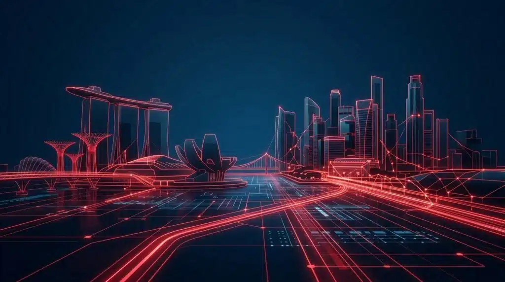 Representación minimalista de arquitectura financiera futurista inspirada en Singapur con líneas de fibra óptica en azul Oxford y rojo.