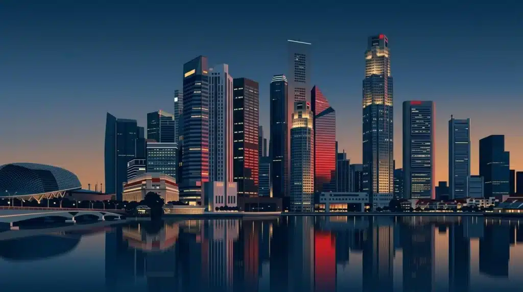 Vista arquitectónica minimalista del distrito financiero de Singapur al atardecer, destacando el edificio de la Autoridad Monetaria de Singapur con tonos azul Oxford y reflejos en rojo Singapur.